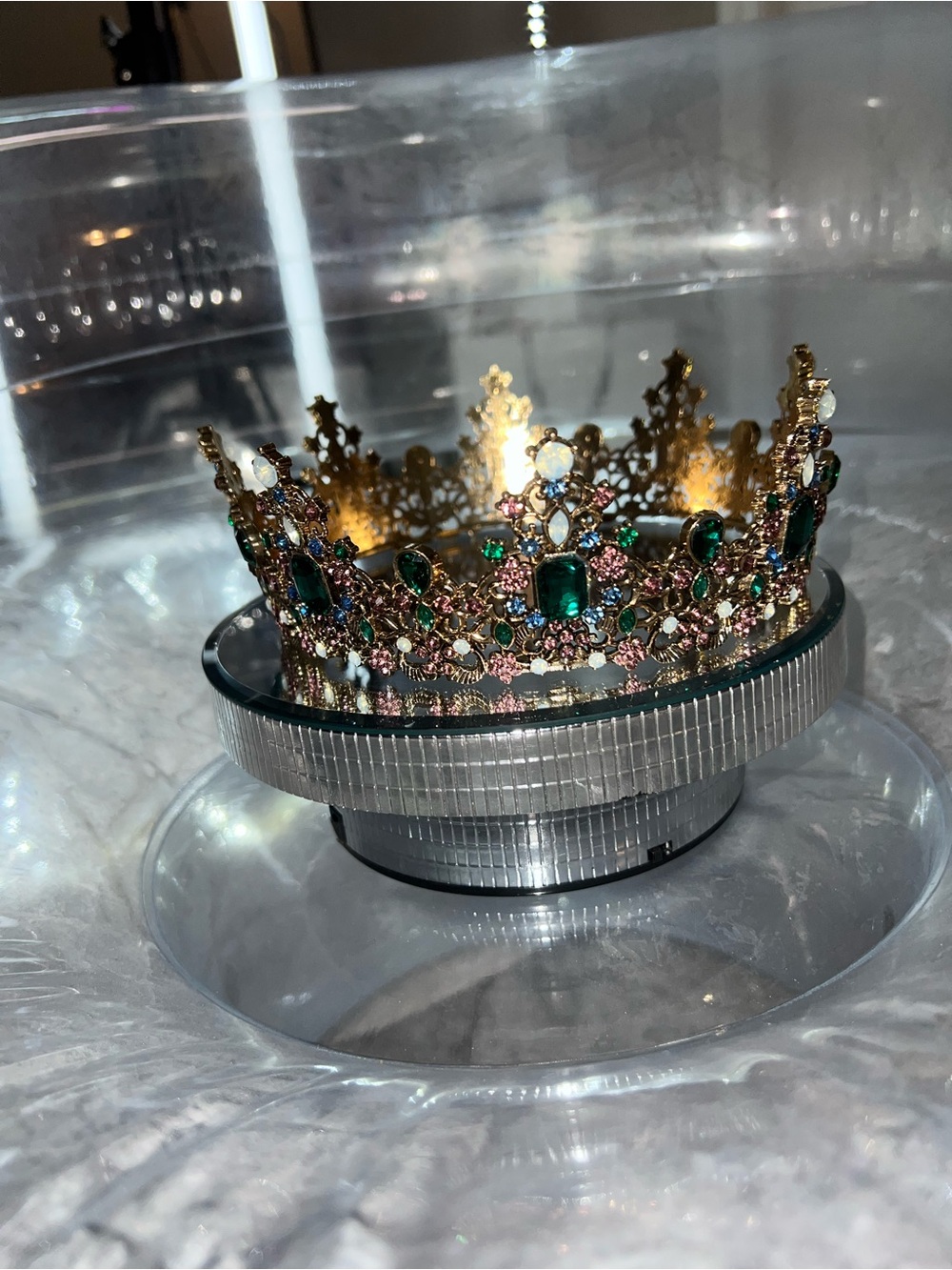 Gold Crown Statement Ring with Green and Pink Gemstones